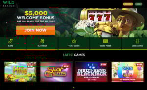 Wild Casino Homepage Screenshot with Welcome Bonus Banner
