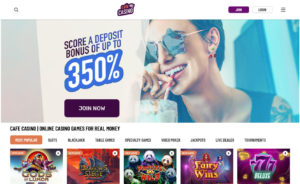 Cafe Casino Homepage Screenshot with Welcome Bonus Banner