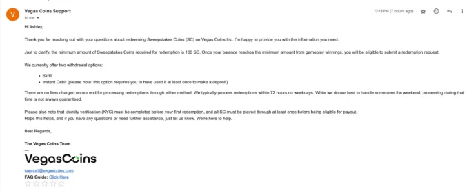 Vegas Coins Support Reply